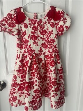 Janie and Jack Cream Dress with Red Floral Print and Shoulder Bows